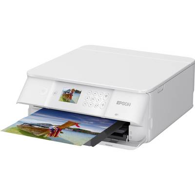 Ein weißer Drucker druckt ein farbiges Foto mit einem Boot auf Wasser. Der Drucker hat ein Display und Bedientasten.