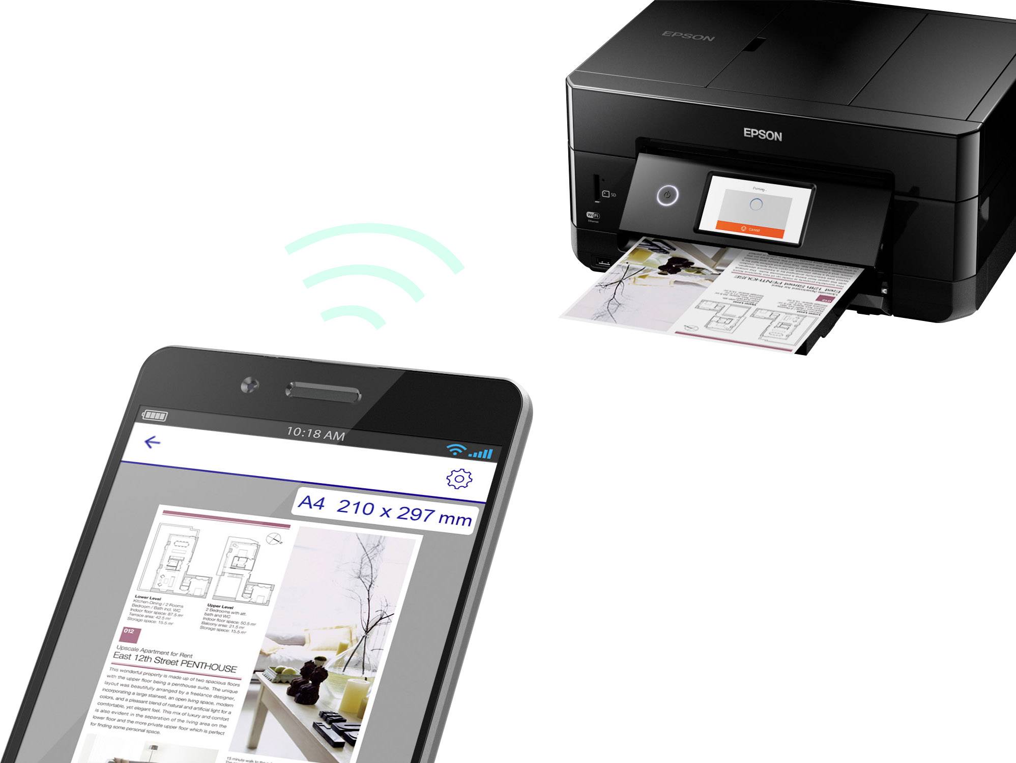 'Smartphone sendet Druckauftrag an kabellosen Drucker; auf dem Bildschirm des Smartphones ist eine geöffnete Dokumentseite zu sehen.'