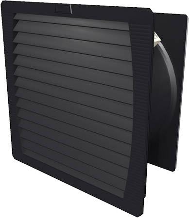 Schwarzes Lüftungsgitter mit horizontalen Lamellen, leicht geöffnet, zeigt dunklen Hintergrund.