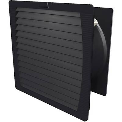 Schwarzes Lüftungsgitter mit horizontalen Lamellen, leicht geöffnet, zeigt dunklen Hintergrund.