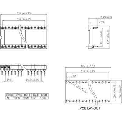 'PCB-Layout-Diagramm mit Maßen für Kontaktabstände, Breiten und Höhen. Zeigt spezifische Dimensionen und Anordnung der Steckverbinderpins.'