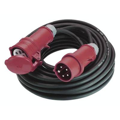 Ein rotes Starkstromverlängerungskabel mit einem runden Stecker und einer Steckdose, das aufgerollt ist.