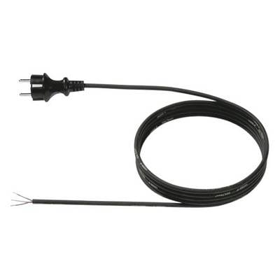 Ein schwarzes Kabel mit einem Eurostecker an einem Ende und freiliegenden Drähten am anderen Ende, geeignet für Elektroinstallationen.