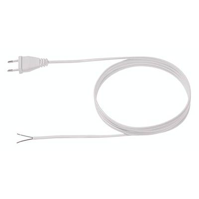 Ein weißes Elektrokabel mit einem Stecker auf einer Seite und zwei offenen Drahtenden auf der anderen Seite.