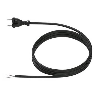 Ein schwarzes Netzkabel mit einem europäischen Stecker auf der einen Seite und offenen Enden zur Verkabelung auf der anderen Seite.