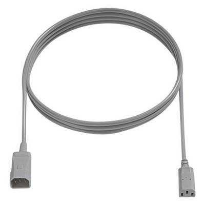 Graues Netzkabel mit rechteckigen Steckern an beiden Enden, wird zur Stromversorgung von Elektrogeräten verwendet.