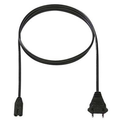 Ein schwarzes Stromkabel mit einem zweipoligen Stecker und einer Buchse, geeignet für Elektrogeräte.
