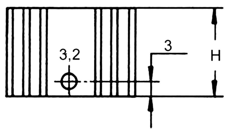 Technische Zeichnung zeigt ein Bauteil mit Bohrung von 3,2 mm und weiteren Maßen. Pfeile zeigen Höhenmaß H und 3 mm an.
