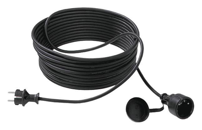 Ein schwarzes, aufgerolltes Verlängerungskabel mit einem Schuko-Stecker und einer Schutzkontakt-Buchse, geeignet für den Außeneinsatz.