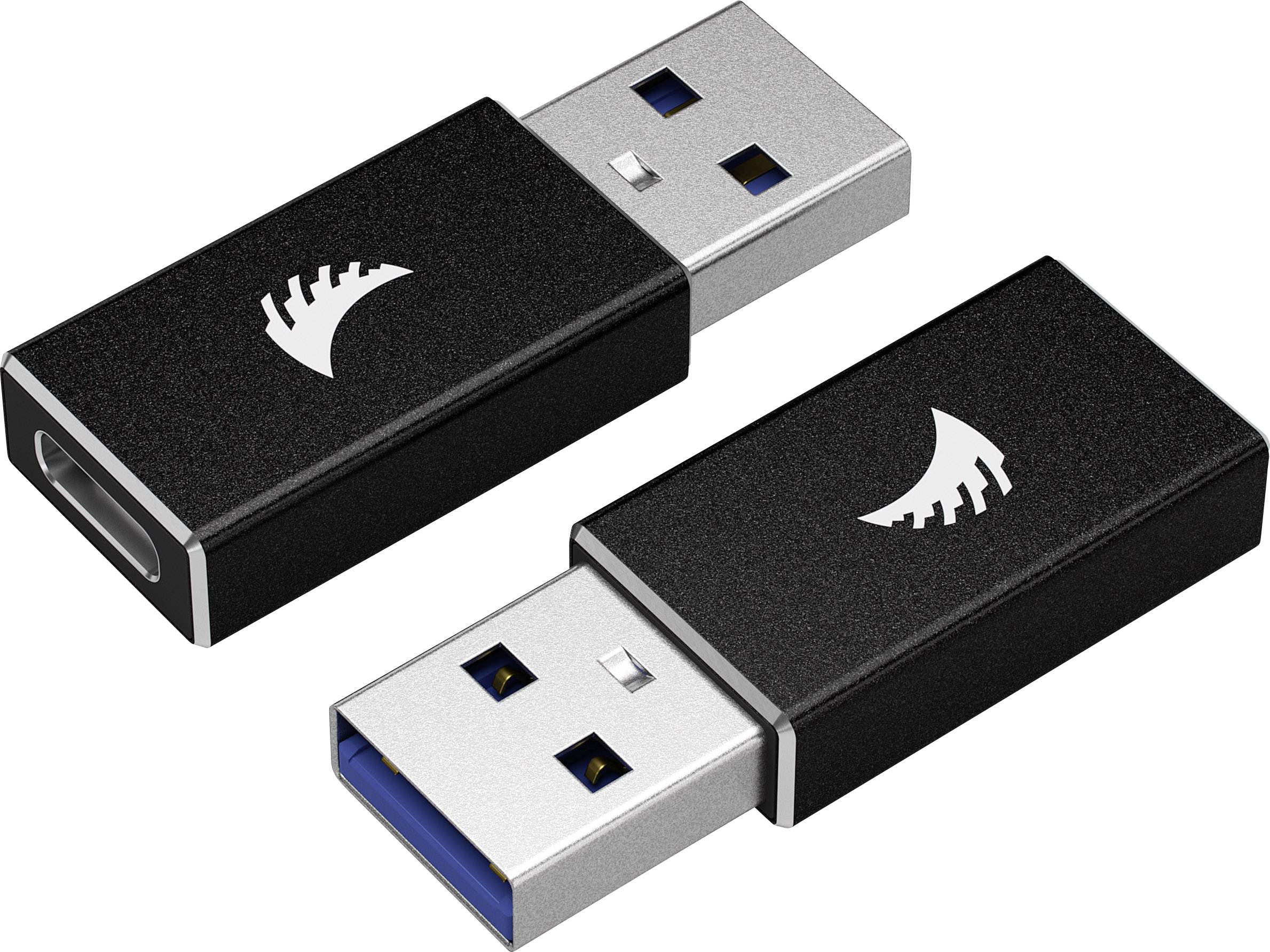 Schwarze USB-Stick-Adapter mit USB-C- und USB-A-Anschlüssen, Markenlogo auf metallischen Enden, weiße Embleme sichtbar.