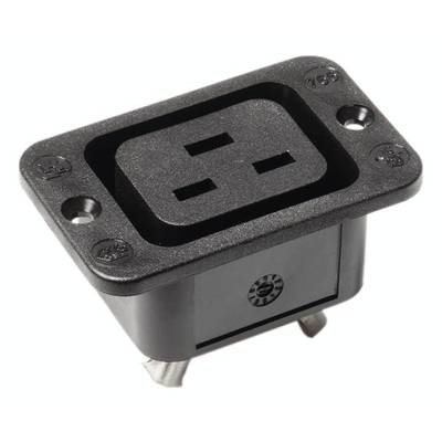 'IEC-Netzstecker C14, dreipolig, rechteckig, schwarz, mit Einsteckverbindung, häufig zur Stromversorgung elektronischer Geräte verwendet.'