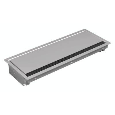 Rechteckiger, silberner Lüftungsschlitz aus Metall, verwendet in Boden- oder Wandheizungen zur Luftzirkulation im Raum.