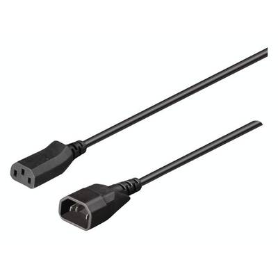 Schwarzes Netzkabel mit zwei verschiedenen Anschlüssen: weiblicher C13-Anschluss oben, männlicher C14-Anschluss unten.