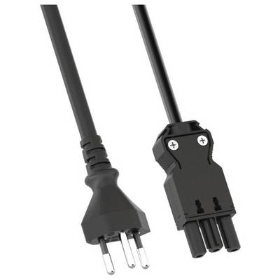 Schwarzes Netzkabel mit Schweizer Stecker (Typ J, dreipolig) und IEC 60320 C5 Buchse, geeignet für Elektrogeräte.