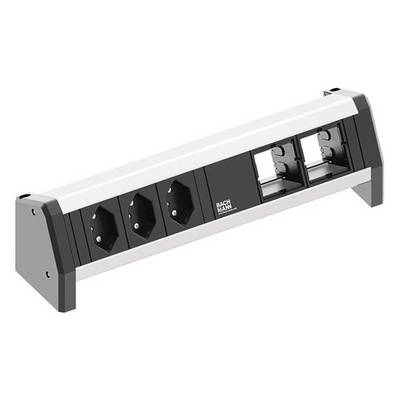 Eine silberne Steckdosenleiste mit zwei Steckplätzen für Netzstecker und freien Plätzen für Erweiterungen. Geeignet für Arbeitsplätze.