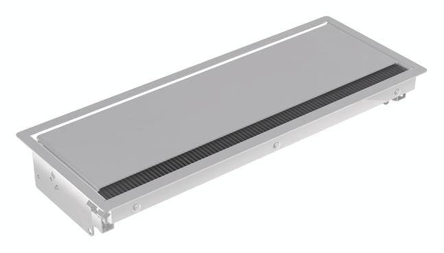 Rechteckiger Lüftungsgittereinsatz aus Metall, flach und silbern, zeigt Details einer Belüftungskomponente mit schwarzem Gitterabschnitt.