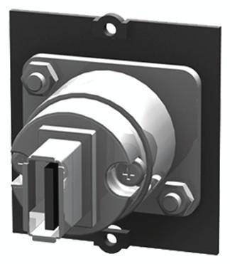 Ein rechteckiger Metallstecker, montiert auf einer quadratischen Platte, mit Befestigungsschrauben und einem zentralen Steckanschluss.