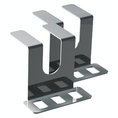 Zwei metallische Halterungen mit U-förmigem Design und rechteckigen Basisplatten, die zum Anbringen an Oberflächen geeignet sind.