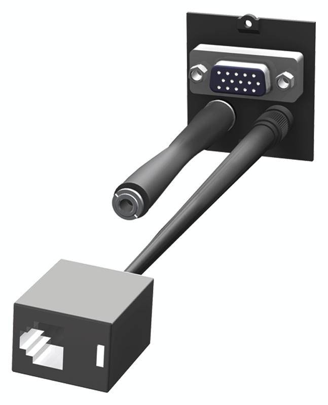 Zwei Kabel, eines mit VGA-Anschluss und eines mit RJ45-Stecker, vor einer schwarzen Wandhalterung mit Schraubverbindungen.