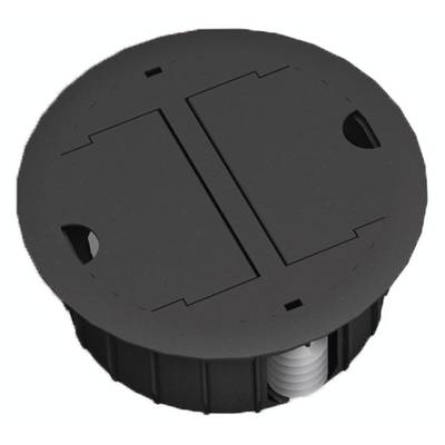 Runder schwarzer Bodenbehälter mit klappbarem Deckel und Kabelauslass, geeignet für elektrische Installationen in Fußböden.