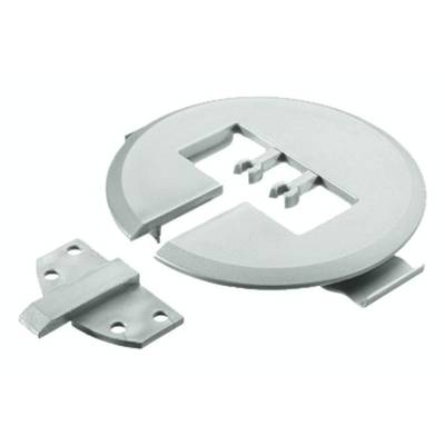 Metallischer Verschlussmechanismus mit runder Basis und separatem Scharnierteil, möglicherweise für Möbel oder Türen.