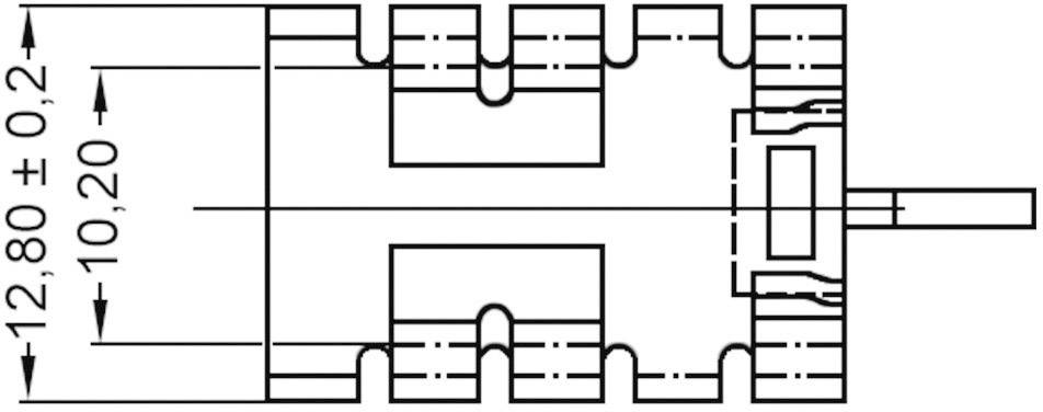 Technische Zeichnung eines Bauteils mit präzisen Maßen. Breite: 12,80 ± 0,2 mm, Höhe: 10,20 mm. Rechteckige Form mit Zacken.
