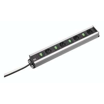 Steckdosenleiste mit sechs Steckplätzen und Kippschaltern, silbernes Gehäuse, schwarzes Kabel.