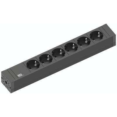 Schwarze Mehrfachsteckdose mit sechs Schuko-Steckplätzen für elektrische Geräte. Ideal für den Einsatz in Haushalten und Büros.