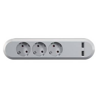 Mehrfachsteckdose mit drei Schuko-Steckplätzen und zwei USB-Anschlüssen, geeignet für gleichzeitiges Laden mehrerer Geräte.