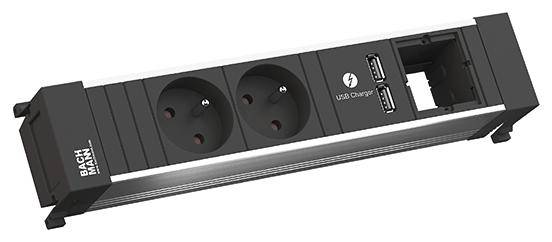 'Bachmann' Steckdosenleiste mit zwei Steckdosen, zwei USB-Anschlüssen und einem Netzwerkanschluss. Ideal für Büroanwendungen.