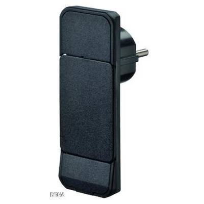 Steckdose mit integriertem Adapter, vertikal, schwarz, geeignet für europäische Standardstecker. Ideal für platzsparende Stromverbindungen.
