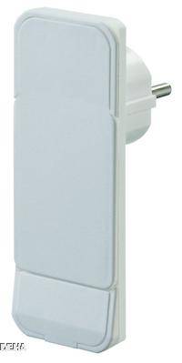 Ein weißes Steckernachtlicht in einer Strombuchse, vertikal orientiert. Ideal zur Beleuchtung von dunklen Fluren oder Kinderzimmern.