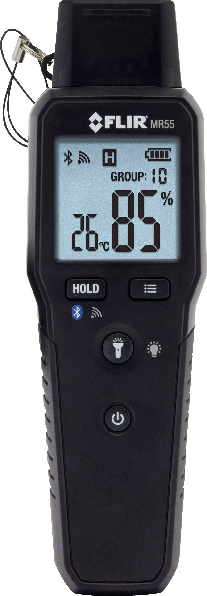 'Digitales Feuchtigkeitsmessgerät mit Temperaturanzeige: 26°C, Luftfeuchtigkeit 85%. Bluetooth und Halten-Taste sichtbar.'