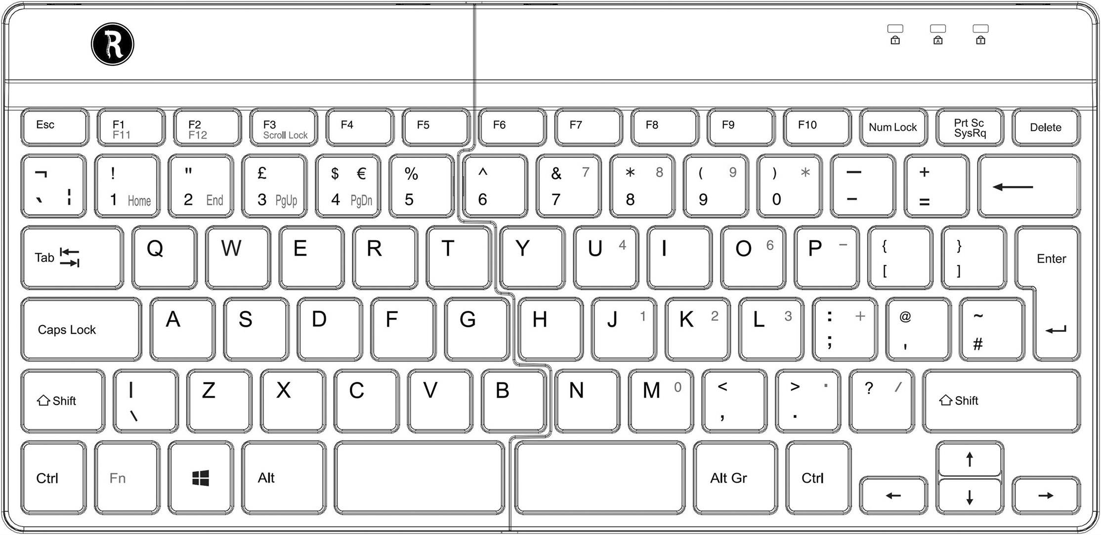Klappbare Tastatur mit Standard-Layout, Funktionstasten oben, und spezieller Taste für Stift rechts.
