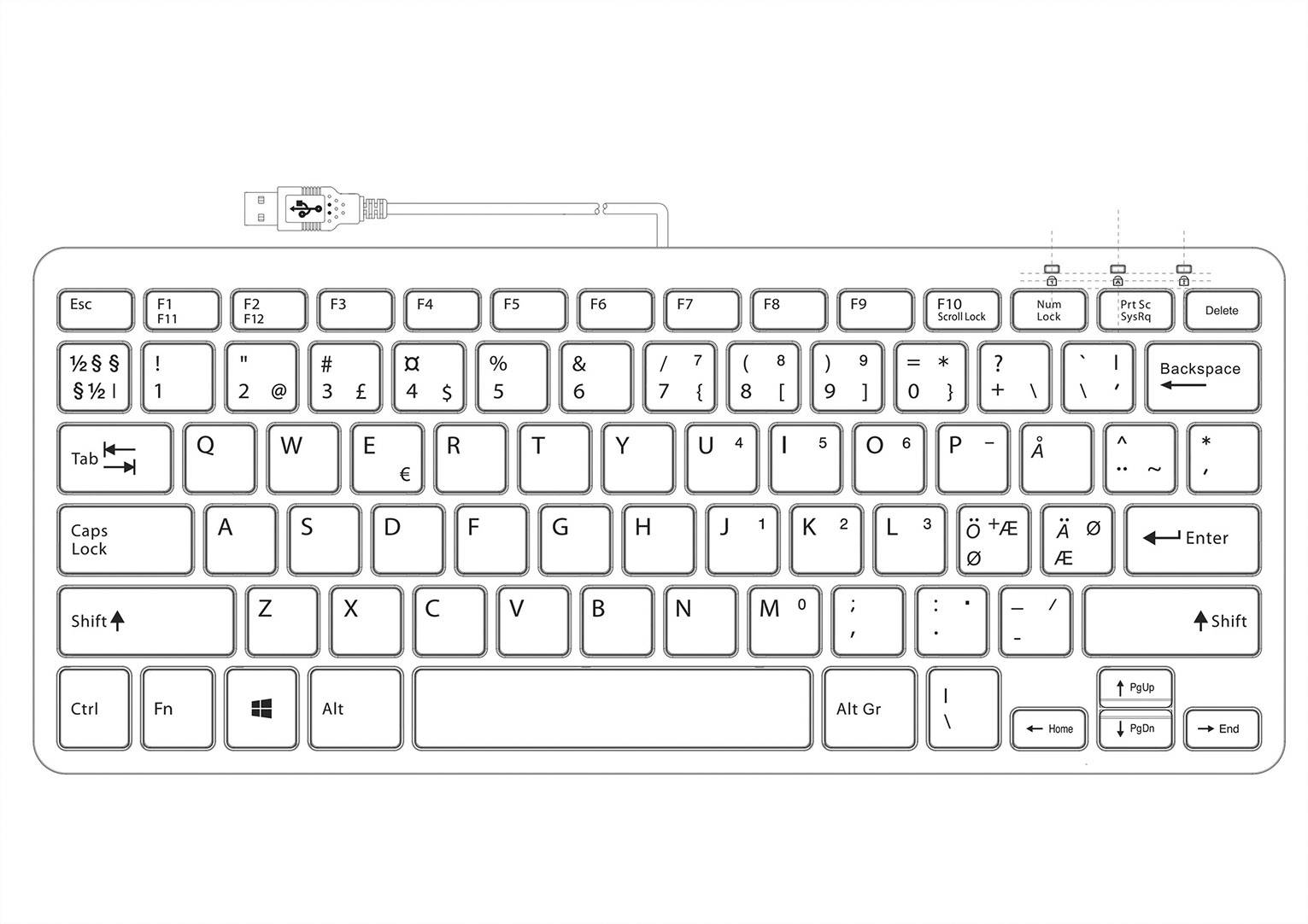Computertastatur mit deutschem QWERTZ-Layout, USB-Anschluss an der Oberseite, Funktionstasten (F1-F12) und Multimedia-Steuerungstasten.