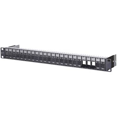 Patchpanel mit 24 nummerierten Ports, symmetrisch angeordnet. Markierungen der Ports erleichtern die Identifikation der Kabelverbindungen.