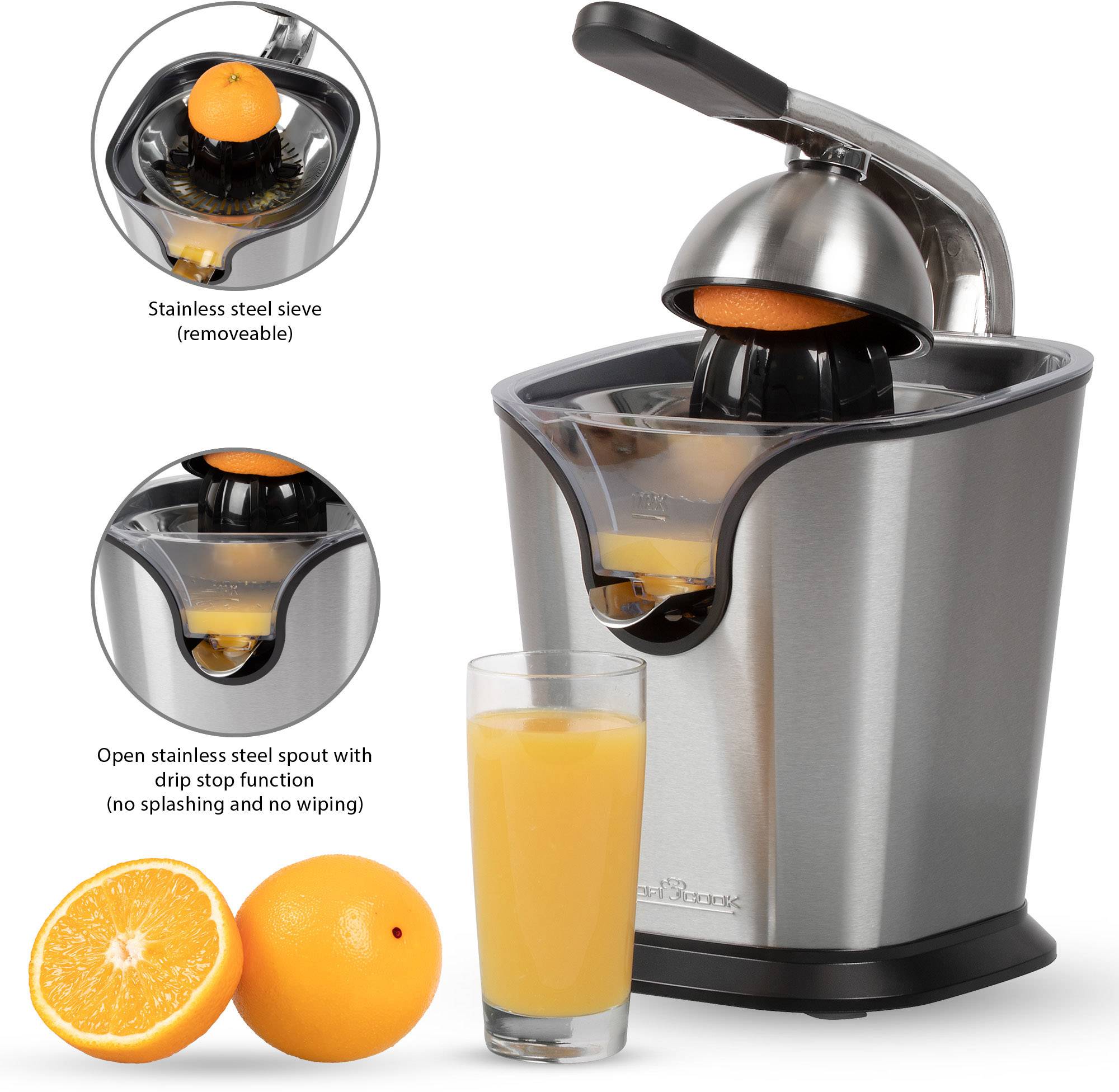 Saftpresse aus Edelstahl mit Hebel, presst frisch gepressten Orangensaft in ein Glas. Zusätzliche Details: Sieb und Tropfstopp.