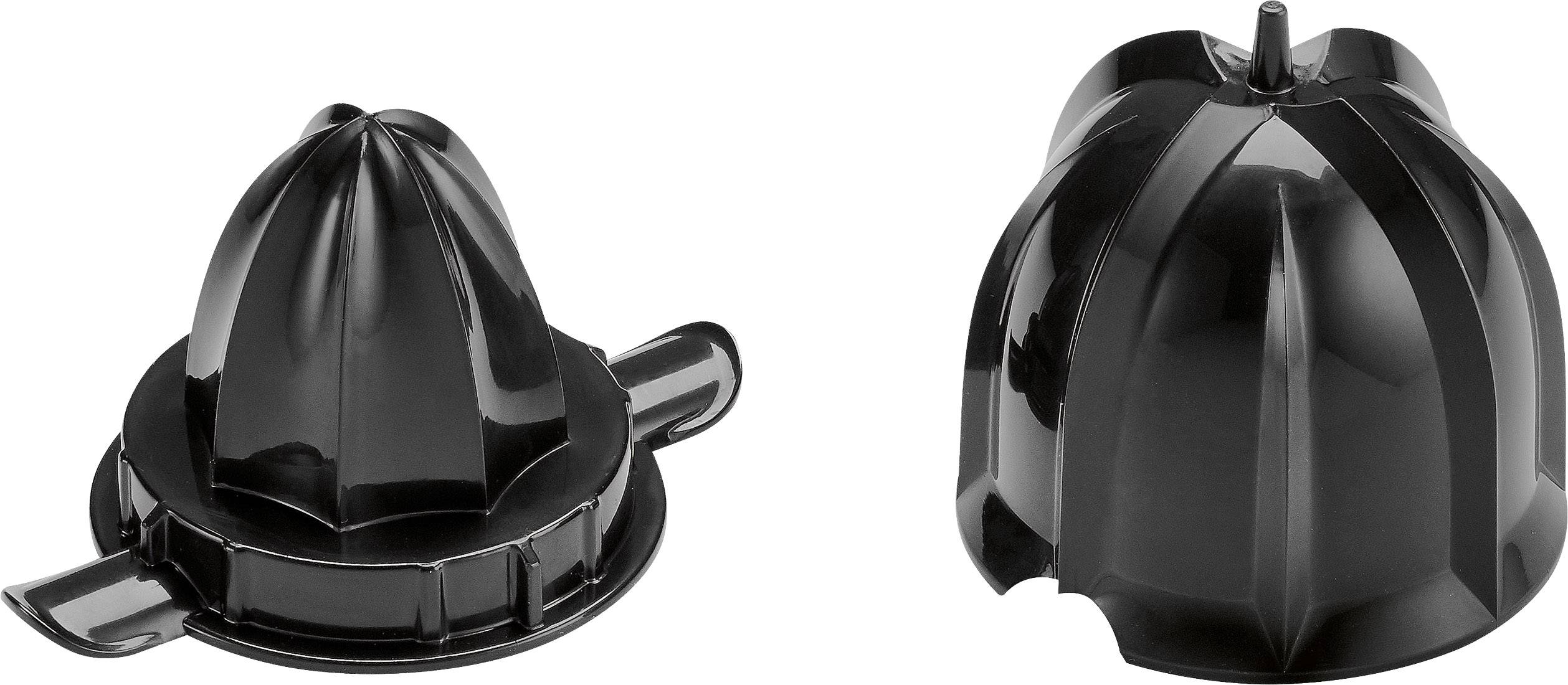 Zwei schwarze Aufsätze eines Küchenpressengeräts, links ein Kegelform für Zitronen, rechts eine größere Kegelform für Orangen.