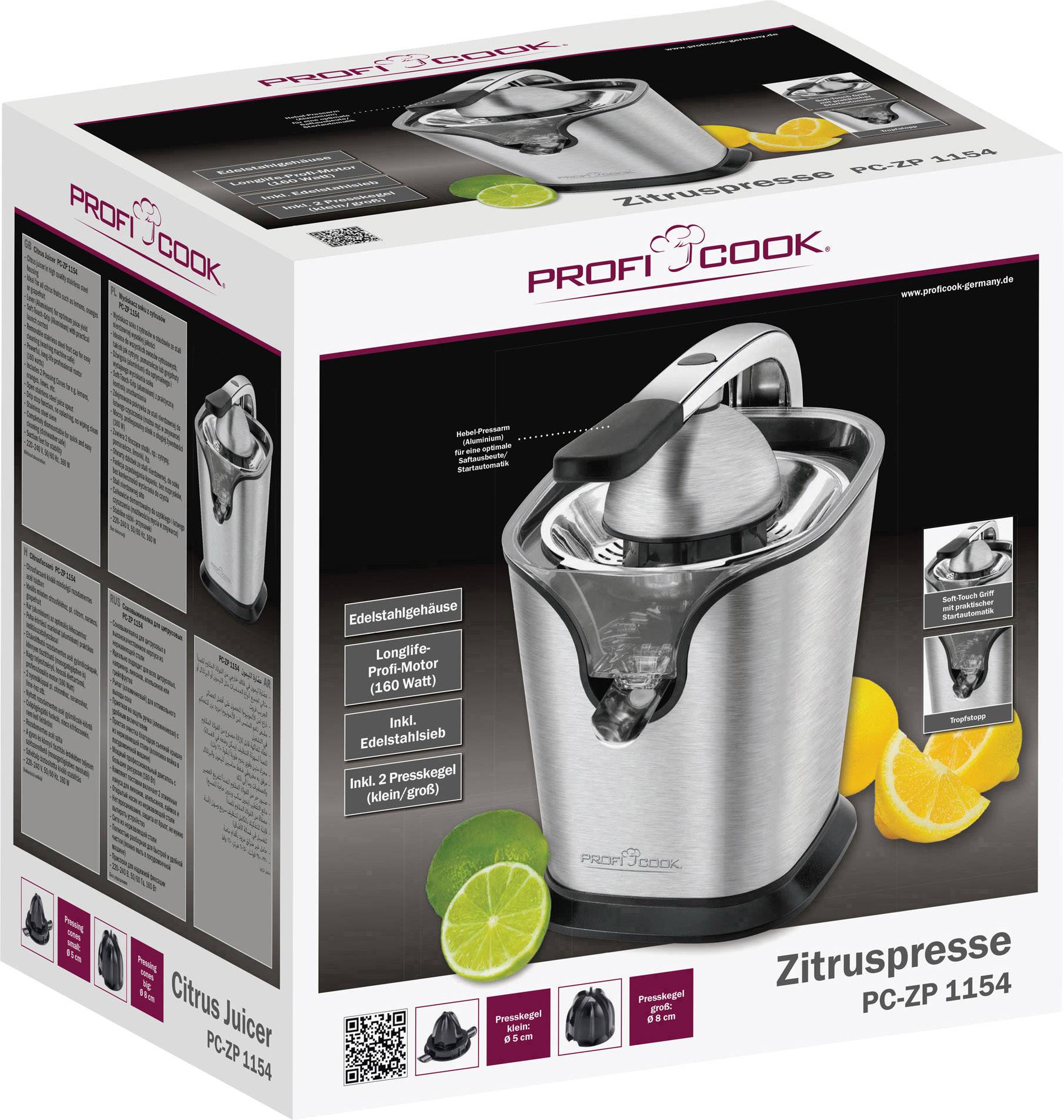 Kartonschachtel einer Zitruspresse aus Edelstahl, Marke ProfiCook. Zeigt Produktbild, Modell PC-ZP 1154, mit Limetten und Orangen.