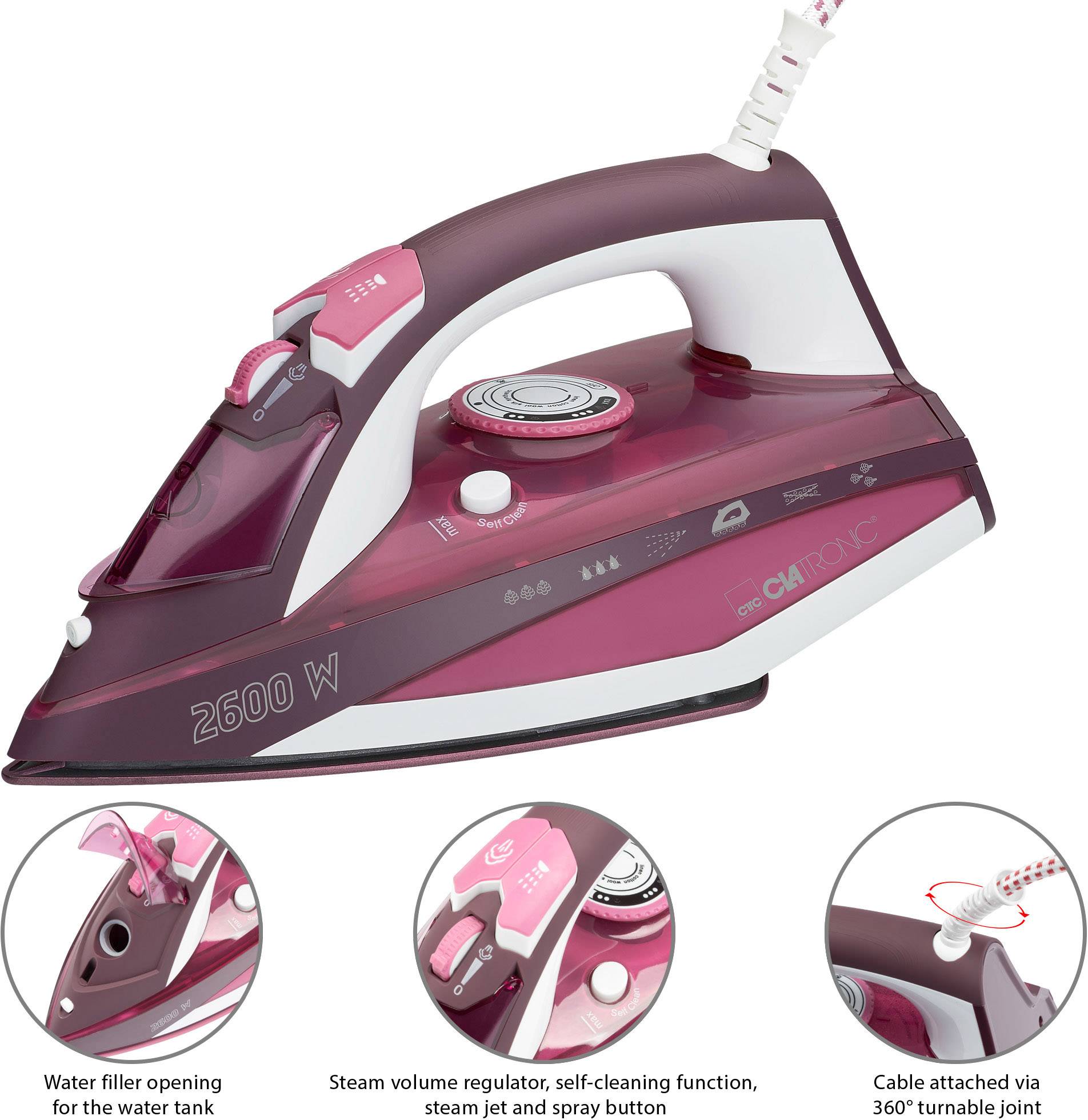 Ein rotes Dampfbügeleisen mit 2600 Watt. Merkmale: Dampfvolumenregler, Selbstreinigungsfunktion, Dampfstahl und Sprühtaste.