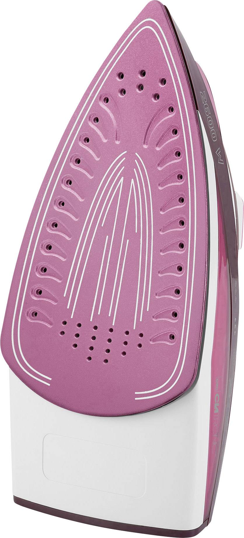 Bügeleisen mit rosa Sohle, mehrere Dampföffnungen sichtbar, steht aufrecht vor weißem Hintergrund.