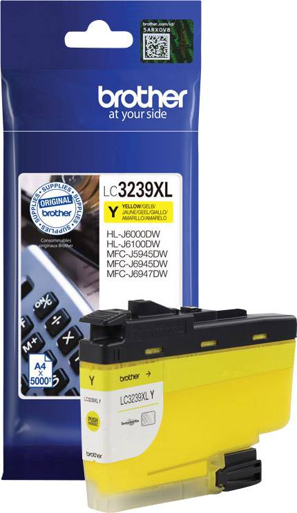 'Brother LC3239XL Y' Gelbpatrone, kompatibel mit HL-J6000DW, HL-J6100DW, MFC-J5945DW, MFC-J6945DW, MFC-J6947DW, zeigt Verpackung und Patrone.