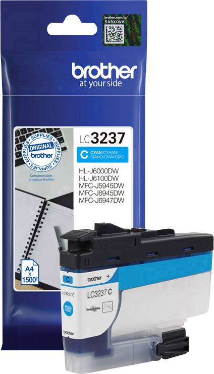 Druckertintenpatrone Brother LC3237C in Blau für Brother-Druckermodelle, zeigt Verpackung und Patrone mit Original Brother-Logo.