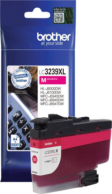 Druckerpatrone und Verpackung der Marke 'Brother', Modell LC3239XL in Magenta, geeignet für spezifische Druckermodelle aufgelistet auf der Verpackung.