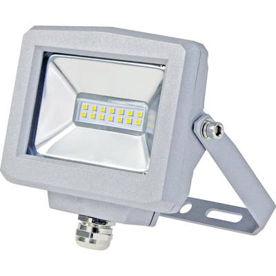 Ein rechteckiger LED-Fluter mit mehreren LEDs auf einem reflektierenden Hintergrund, montiert auf einem verstellbaren Metallhalter.