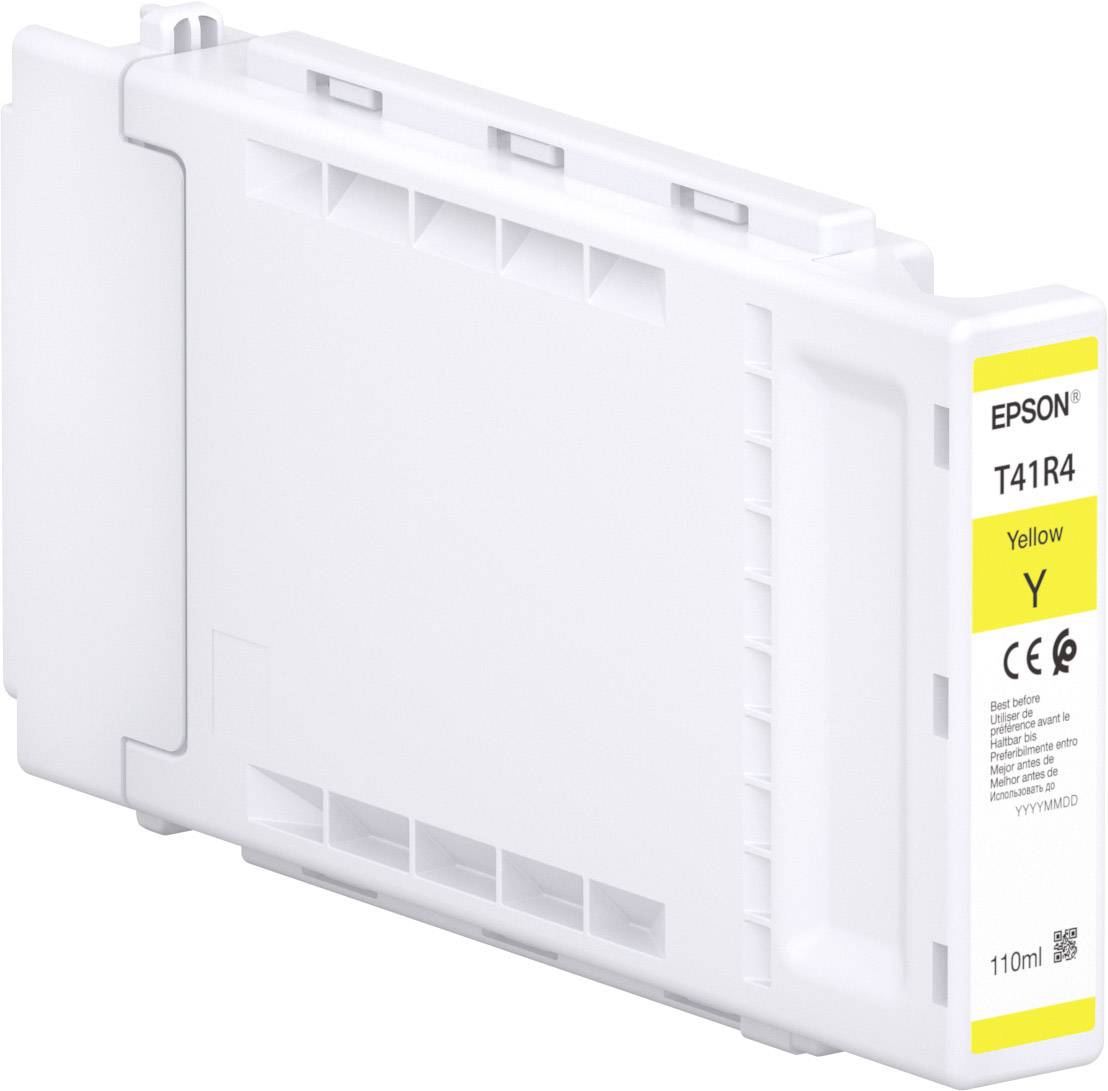 Eine gelbe Druckerpatrone von Epson, Modell T41R4, mit 110 ml Kapazität.