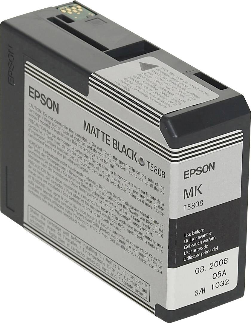 Tintenpatrone für Epson-Drucker, Modell T5808, in mattem Schwarz. Aufdruck: 'Matte Black', mit Produktionsdatum August 2008.