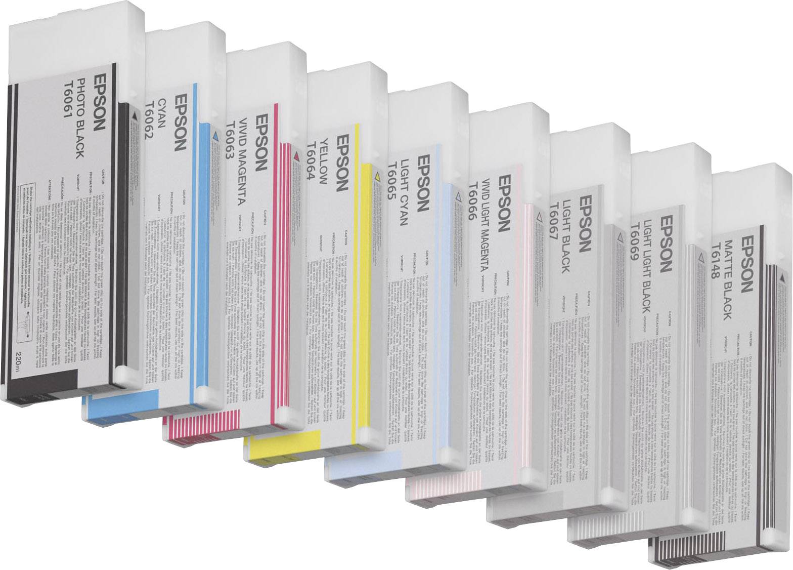 Tintenpatronen für Epson-Drucker in verschiedenen Farben, darunter Schwarz, Cyan, Magenta und Gelb, in einer diagonalen Anordnung.