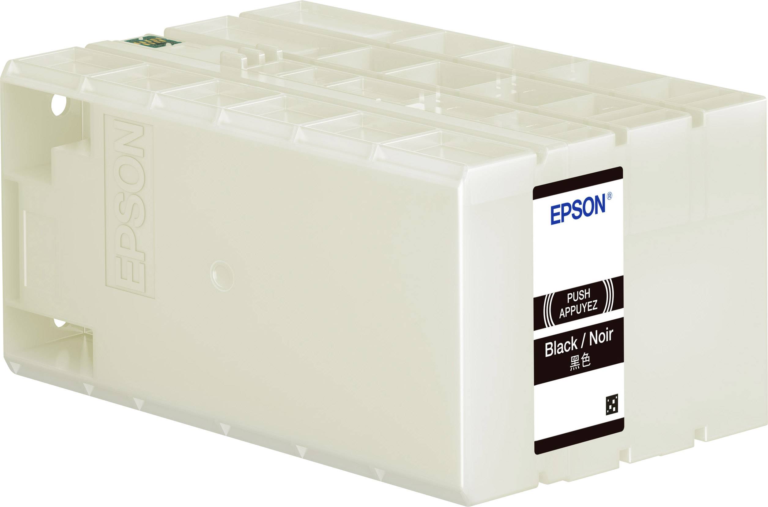 Epson Tintenpatrone, schwarze Farbe, rechteckige Form, mit Schriftzug 'EPSON' und Aufschrift 'Black/Noir'.