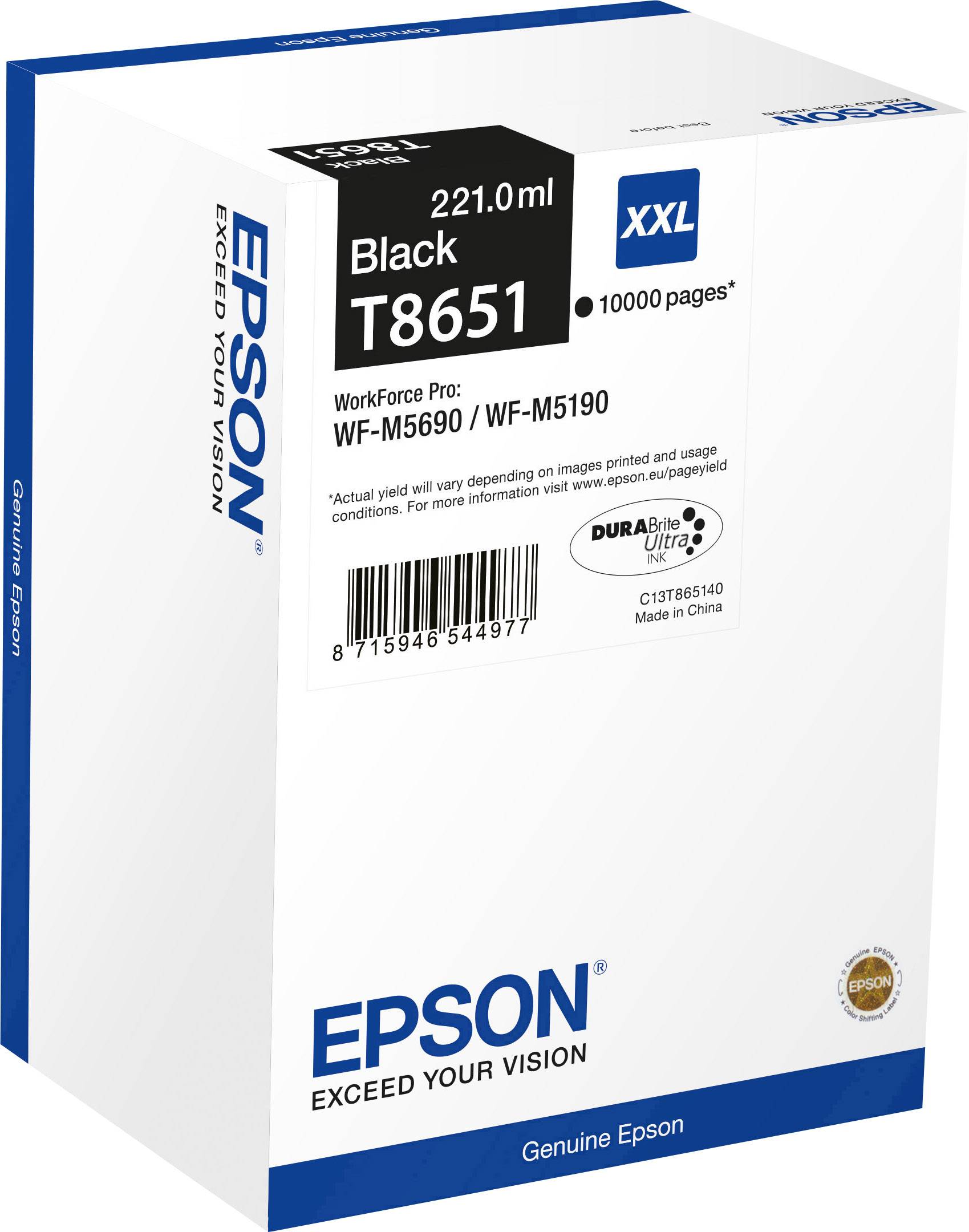 Epson Druckerpatrone Black XXL T8651, für Modelle WF-M5690 und WF-M5190, 221.0 ml, Reichweite bis zu 10.000 Seiten.